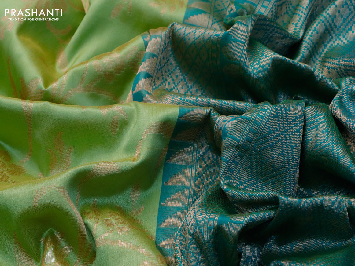 Banarasi uppada silk saree light green and cs blue with allover floral weaves and zari woven border