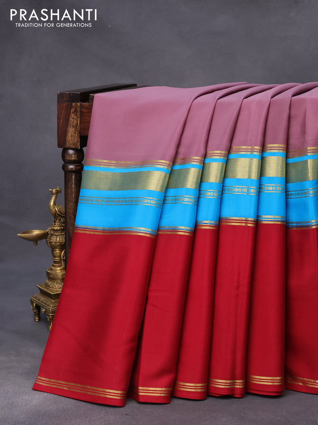 Pure mysore silk saree pastel purple and red blue with plain body and long zari woven border