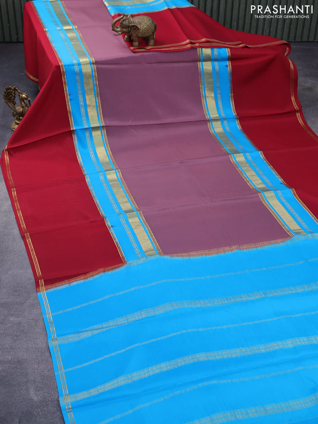 Pure mysore silk saree pastel purple and red blue with plain body and long zari woven border