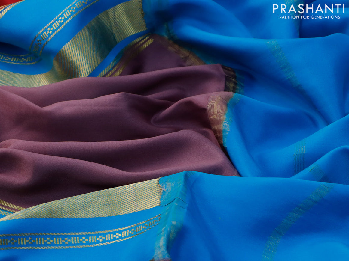 Pure mysore silk saree pastel purple and red blue with plain body and long zari woven border