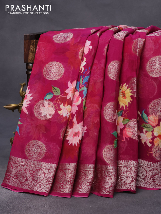 Chiffon silk saree dark magenta pink with floral digital prints & zari buttas and zari woven border