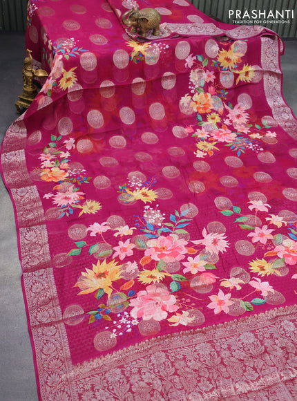 Chiffon silk saree dark magenta pink with floral digital prints & zari buttas and zari woven border