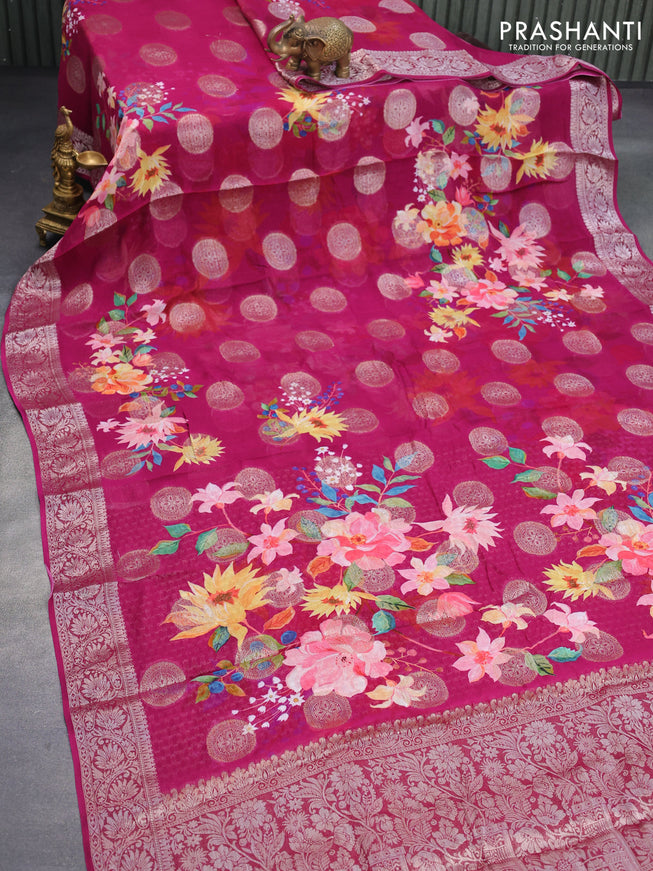 Chiffon silk saree dark magenta pink with floral digital prints & zari buttas and zari woven border