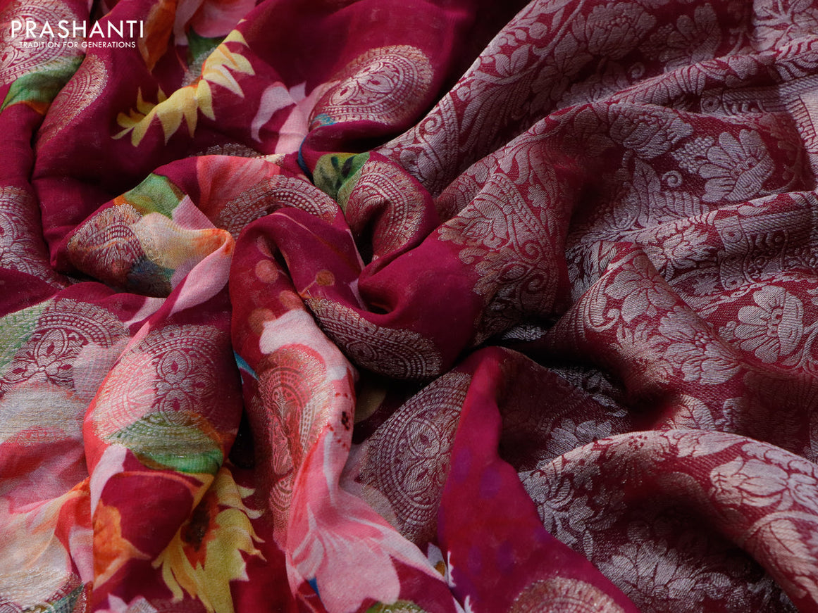 Chiffon silk saree dark magenta pink with floral digital prints & zari buttas and zari woven border