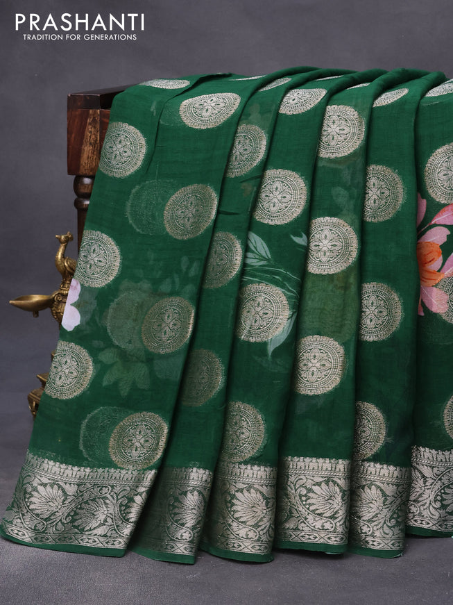 Chiffon silk saree green with floral digital prints & zari buttas and zari woven border