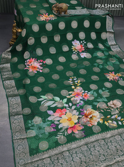 Chiffon silk saree green with floral digital prints & zari buttas and zari woven border