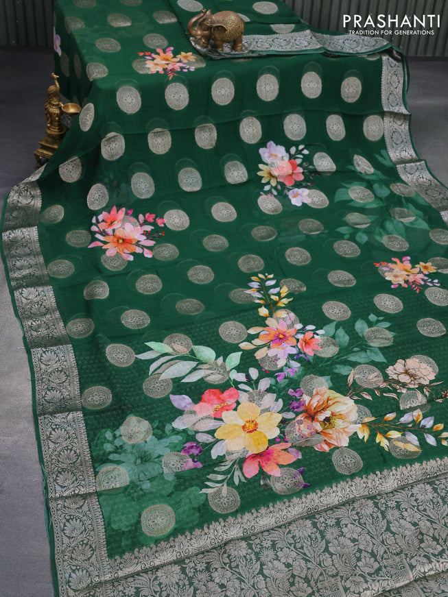 Chiffon silk saree green with floral digital prints & zari buttas and zari woven border