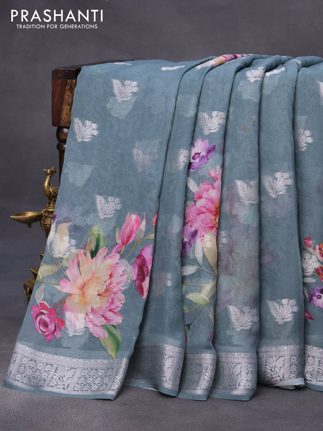 Chiffon silk saree greyish green with floral digital prints & silver zari buttas and silver zari woven border