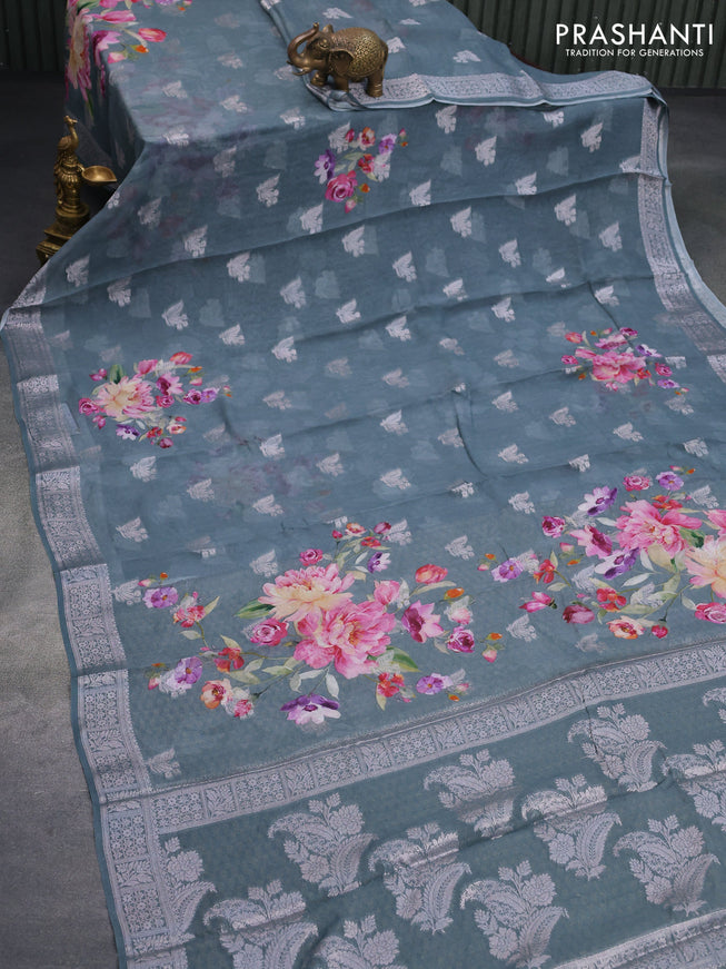 Chiffon silk saree greyish green with floral digital prints & silver zari buttas and silver zari woven border