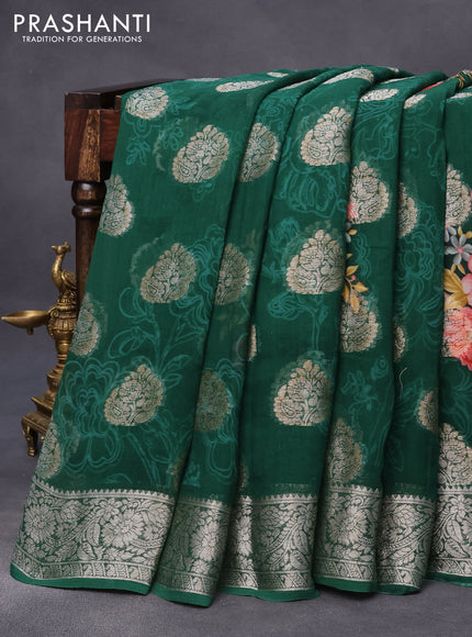 Chiffon silk saree green with floral digital prints & silver zari buttas and silver zari woven border