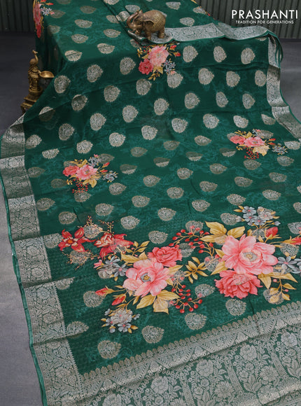 Chiffon silk saree green with floral digital prints & silver zari buttas and silver zari woven border