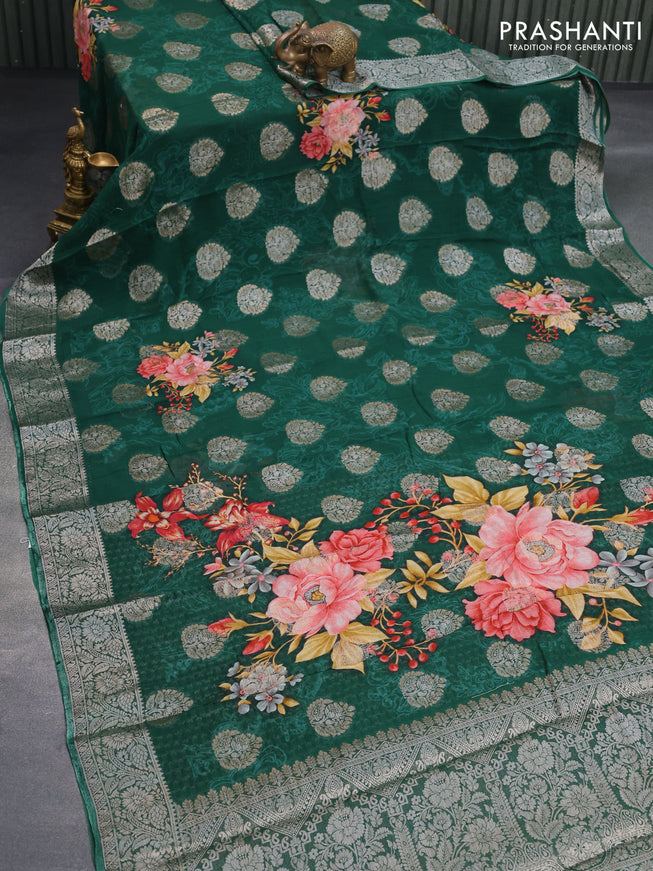 Chiffon silk saree green with floral digital prints & silver zari buttas and silver zari woven border