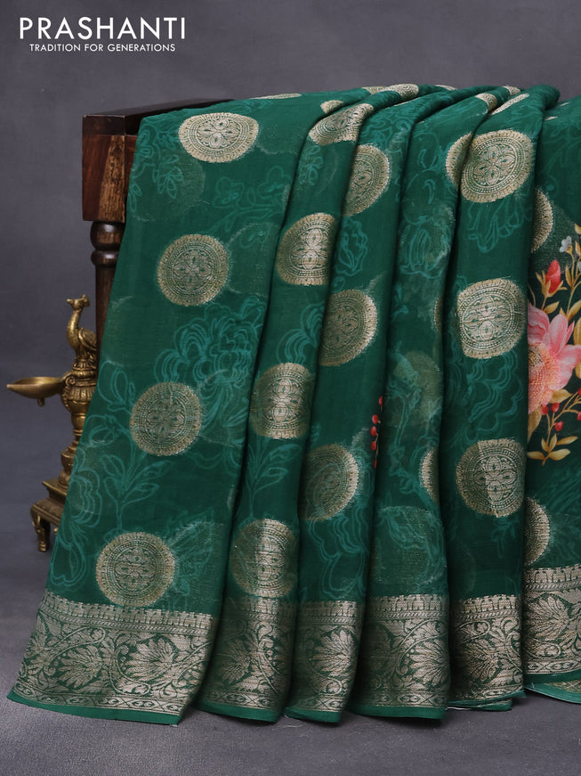 Chiffon silk saree green with floral digital prints & silver zari buttas and silver zari woven border