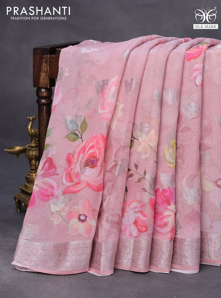 Chiffon silk saree pastel pink with floral digital prints & silver zari buttas and silver zari woven border