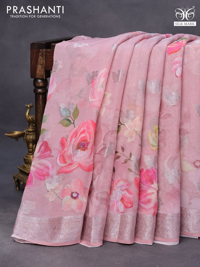 Chiffon silk saree pastel pink with floral digital prints & silver zari buttas and silver zari woven border