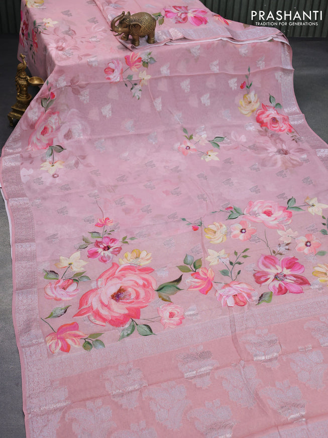 Chiffon silk saree pastel pink with floral digital prints & silver zari buttas and silver zari woven border