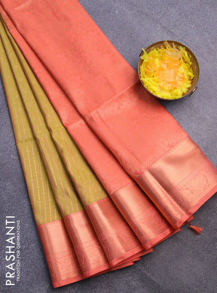 Semi soft silk saree lime green and orange with allover self emboss & zari buttas and copper zari woven border