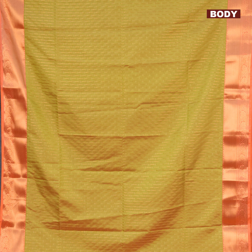 Semi soft silk saree lime green and orange with allover self emboss & zari buttas and copper zari woven border