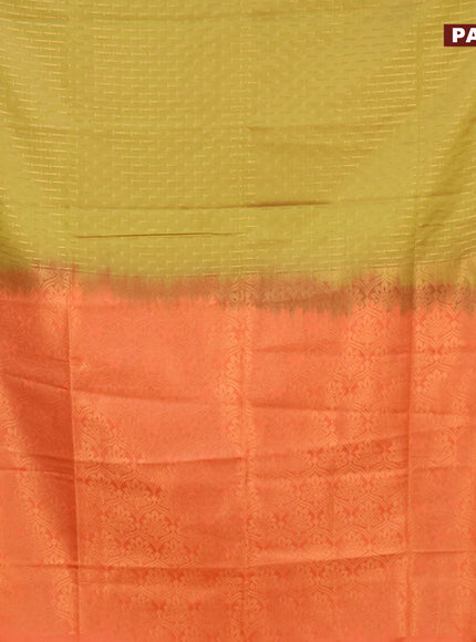 Semi soft silk saree lime green and orange with allover self emboss & zari buttas and copper zari woven border