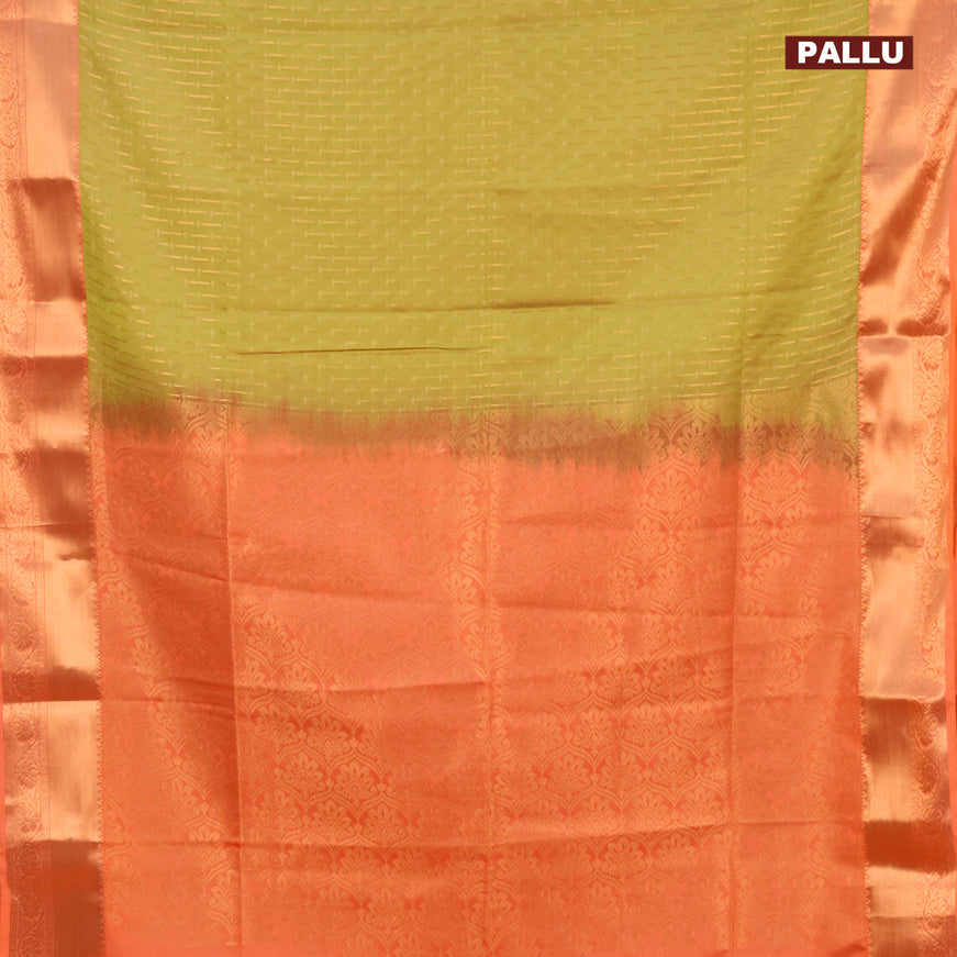 Semi soft silk saree lime green and orange with allover self emboss & zari buttas and copper zari woven border