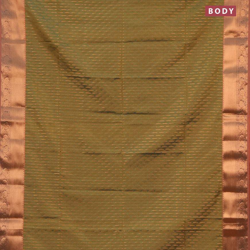 Semi soft silk saree mustard green and orange with allover self emboss & zari buttas and copper zari woven border