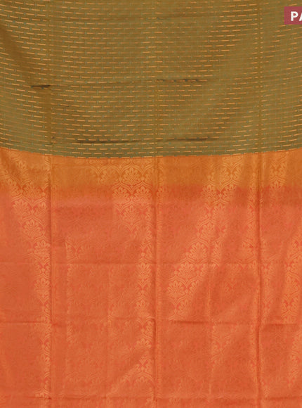 Semi soft silk saree mustard green and orange with allover self emboss & zari buttas and copper zari woven border