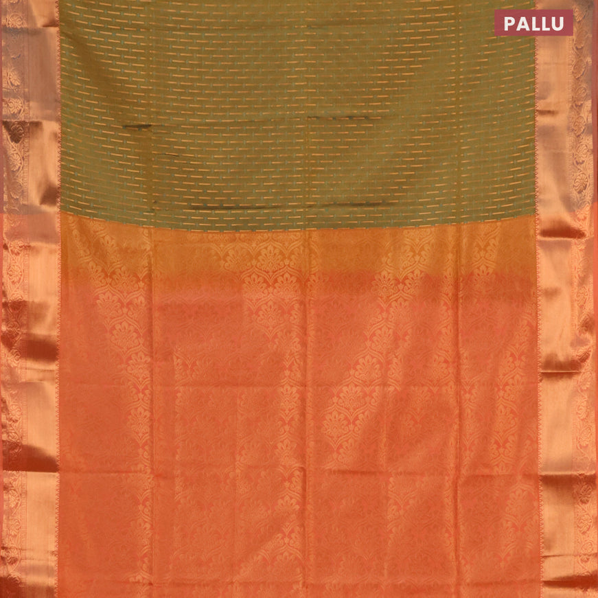 Semi soft silk saree mustard green and orange with allover self emboss & zari buttas and copper zari woven border