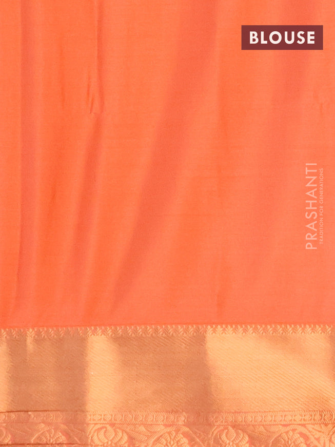 Semi soft silk saree mustard green and orange with allover self emboss & zari buttas and copper zari woven border