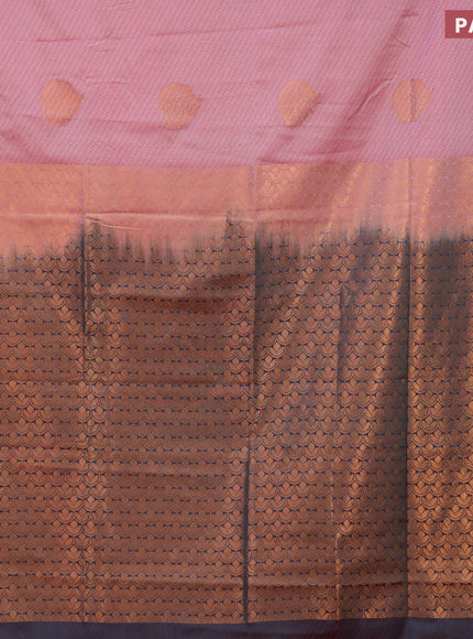 Semi soft silk saree red shade and peacock green with allover self emboss & zari buttas and copper zari woven border