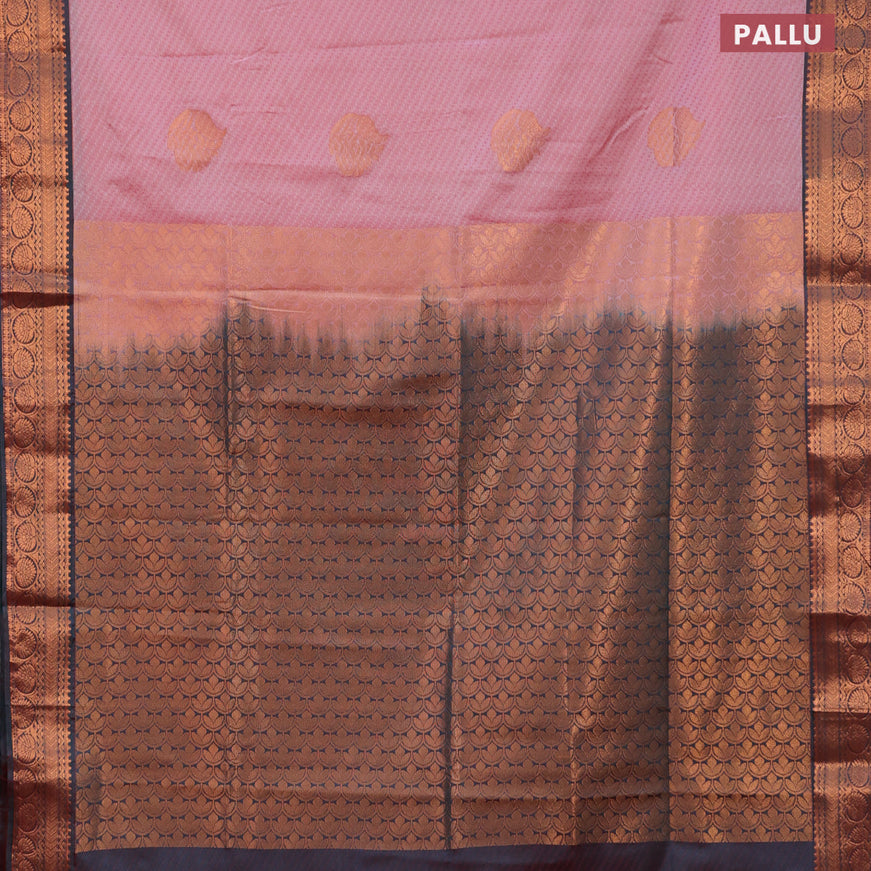 Semi soft silk saree red shade and peacock green with allover self emboss & zari buttas and copper zari woven border