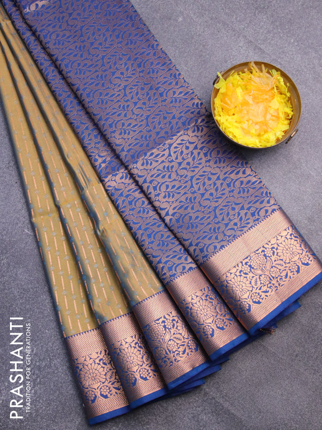 Semi soft silk saree mehendi green and cs blue with allover self emboss & zari buttas and copper zari woven border