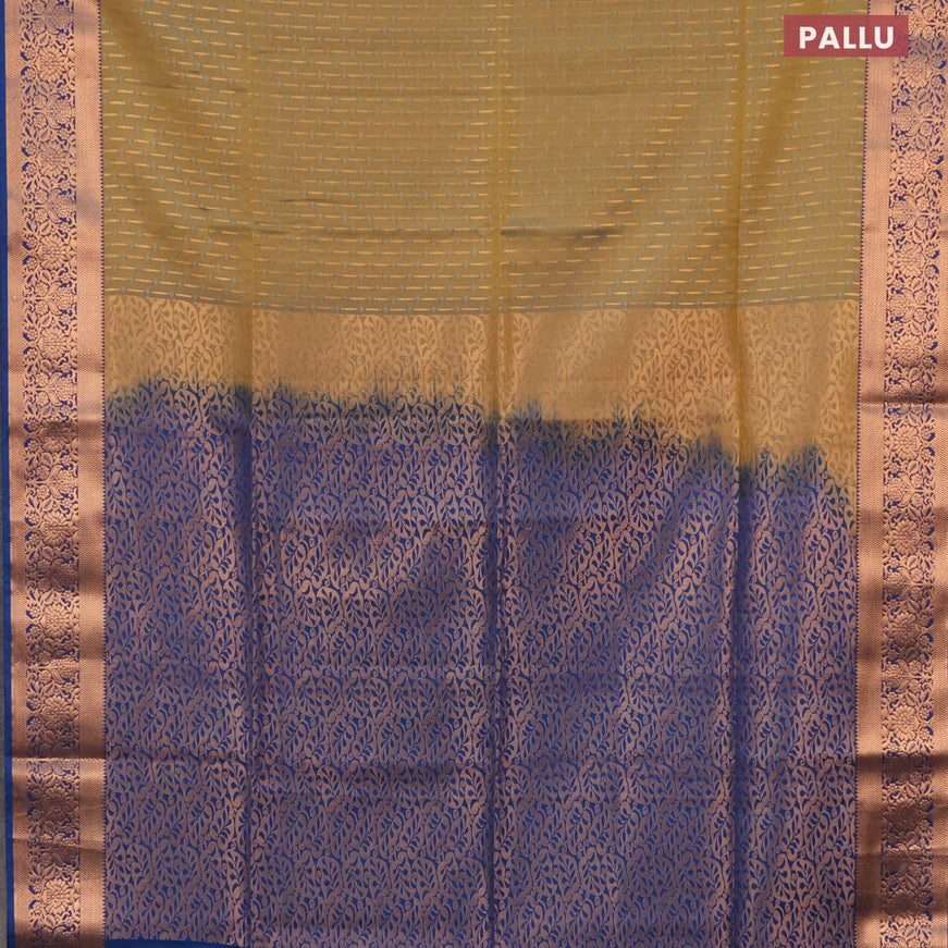 Semi soft silk saree mehendi green and cs blue with allover self emboss & zari buttas and copper zari woven border