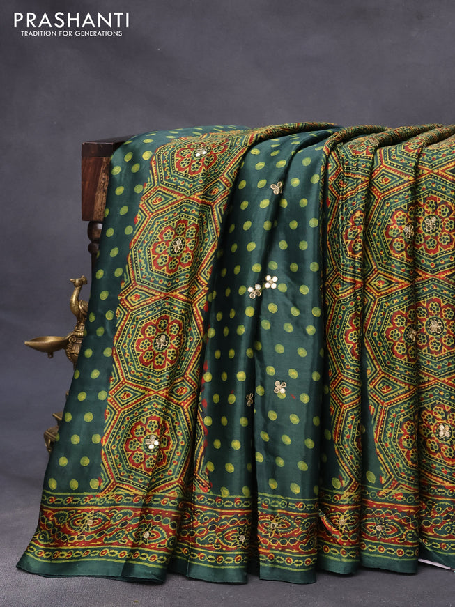 Modal silk saree green with allover ajrakh prints & mirror work and printed border