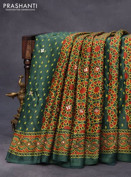 Modal silk saree green with allover ajrakh prints & mirror work and printed border