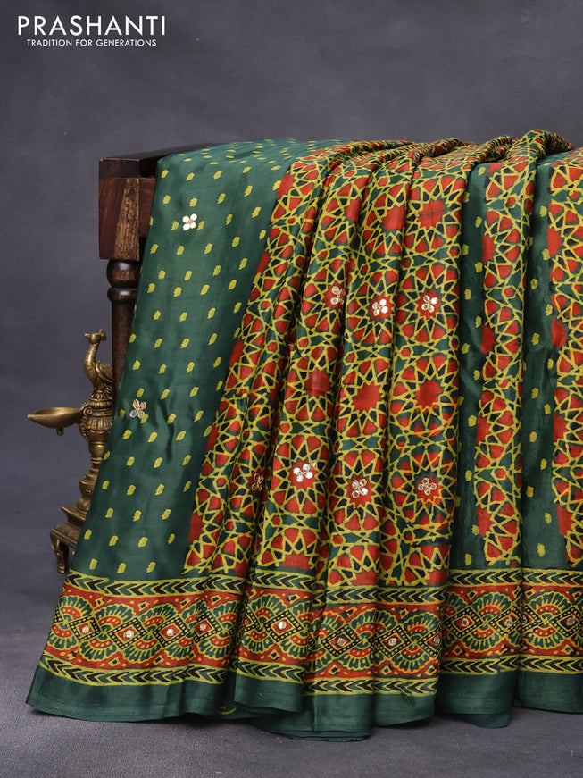 Modal silk saree green with allover ajrakh prints & mirror work and printed border