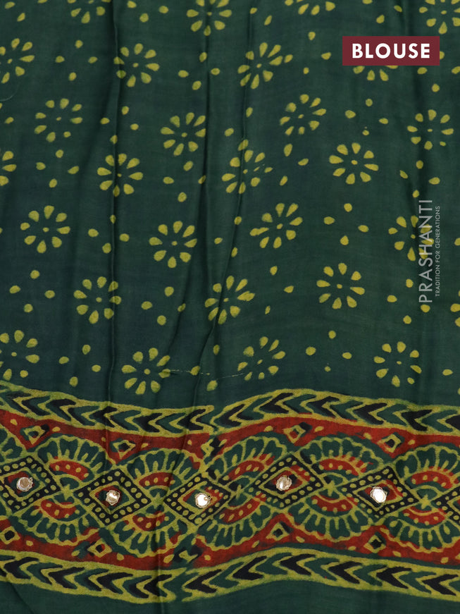 Modal silk saree green with allover ajrakh prints & mirror work and printed border