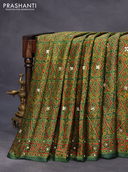 Modal silk saree green with allover ajrakh prints & mirror work and printed border