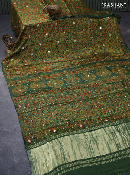 Modal silk saree green with allover ajrakh prints & mirror work and printed border