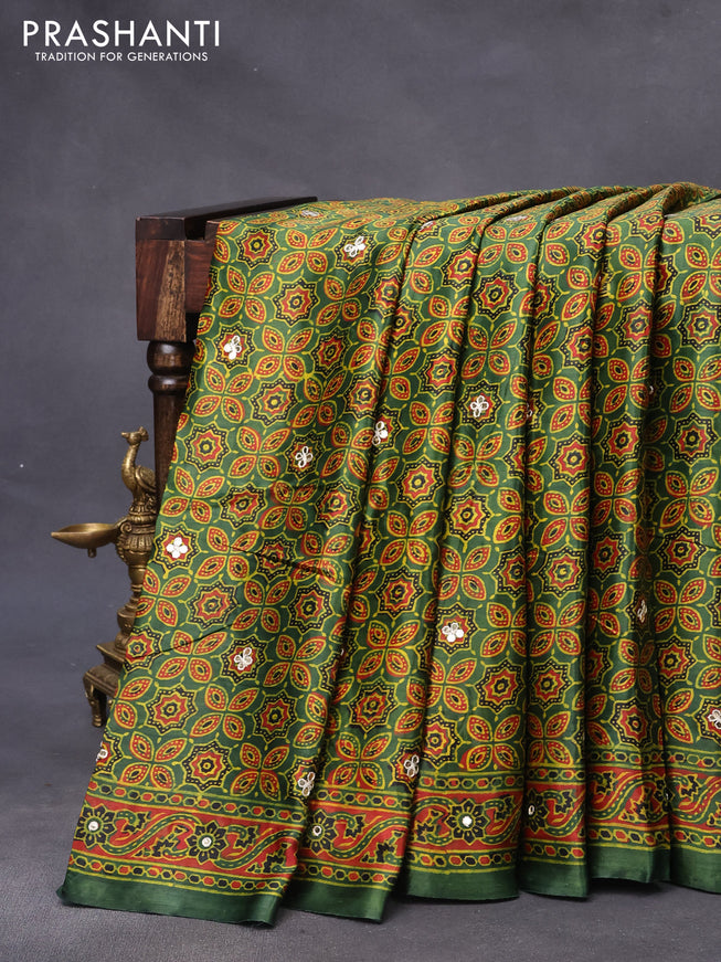 Modal silk saree green with allover ajrakh prints & mirror work and printed border