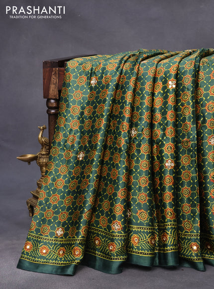 Modal silk saree green with allover ajrakh prints & mirror work and printed border