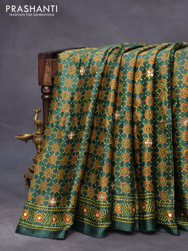 Modal silk saree green with allover ajrakh prints & mirror work and printed border