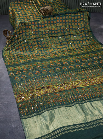 Modal silk saree green with allover ajrakh prints & mirror work and printed border