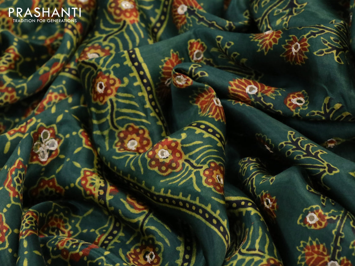 Modal silk saree green with allover ajrakh prints & mirror work and printed border