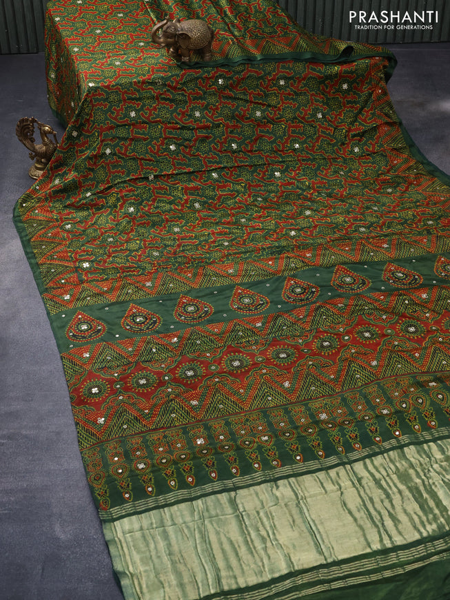 Modal silk saree green and maroon with allover ajrakh prints & mirror work and printed border