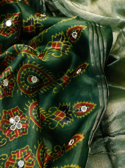 Modal silk saree green and maroon with allover ajrakh prints & mirror work and printed border