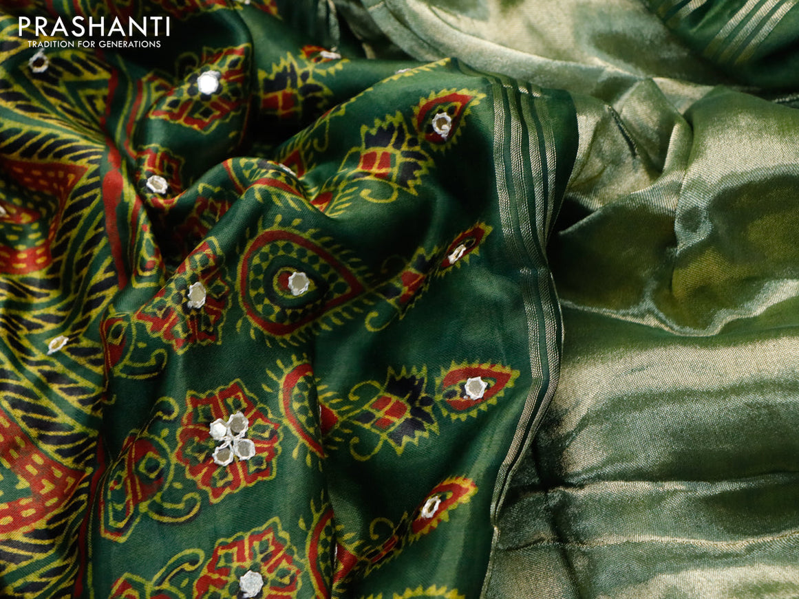 Modal silk saree green and maroon with allover ajrakh prints & mirror work and printed border