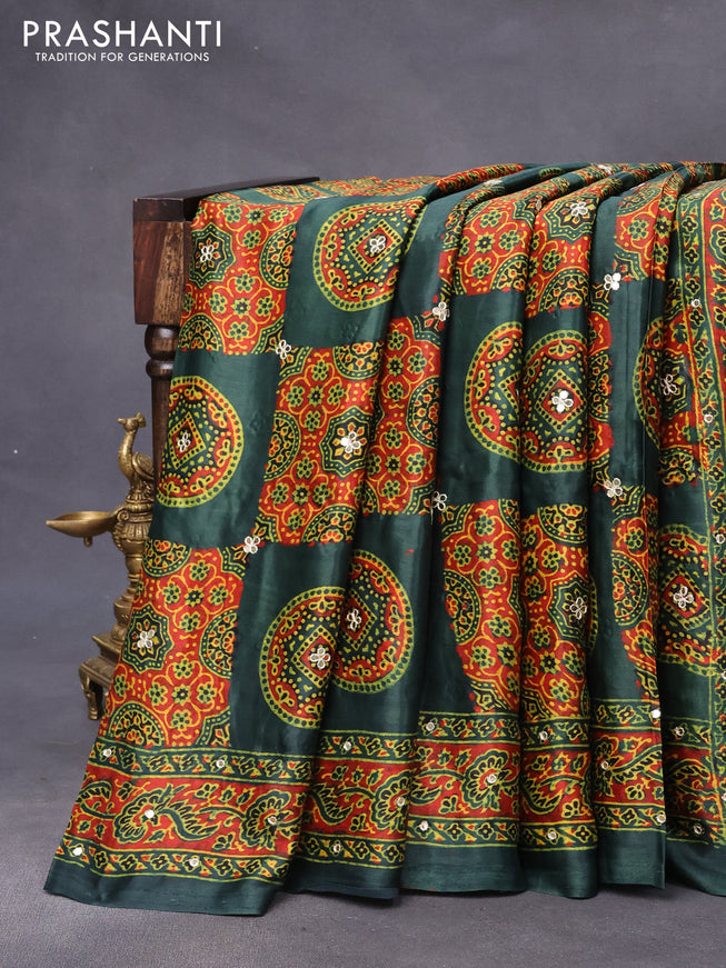 Modal silk saree green with allover ajrakh prints & mirror work and printed border