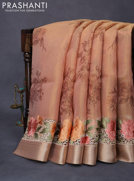 Tissue saree peach shade with floral digital prints and embroidery floral design cut work border