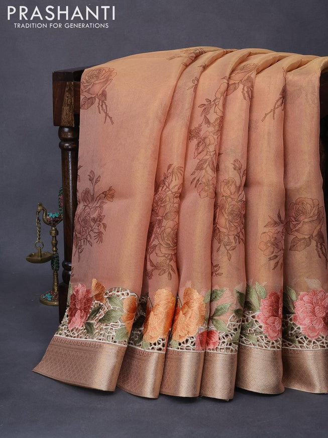 Tissue saree peach shade with floral digital prints and embroidery floral design cut work border