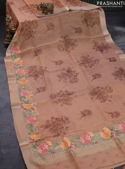 Tissue saree peach shade with floral digital prints and embroidery floral design cut work border